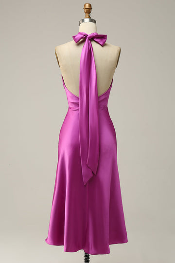 Fuchsia Sheath Halter Midi Sleeveless Satin Bridesmaid Dress